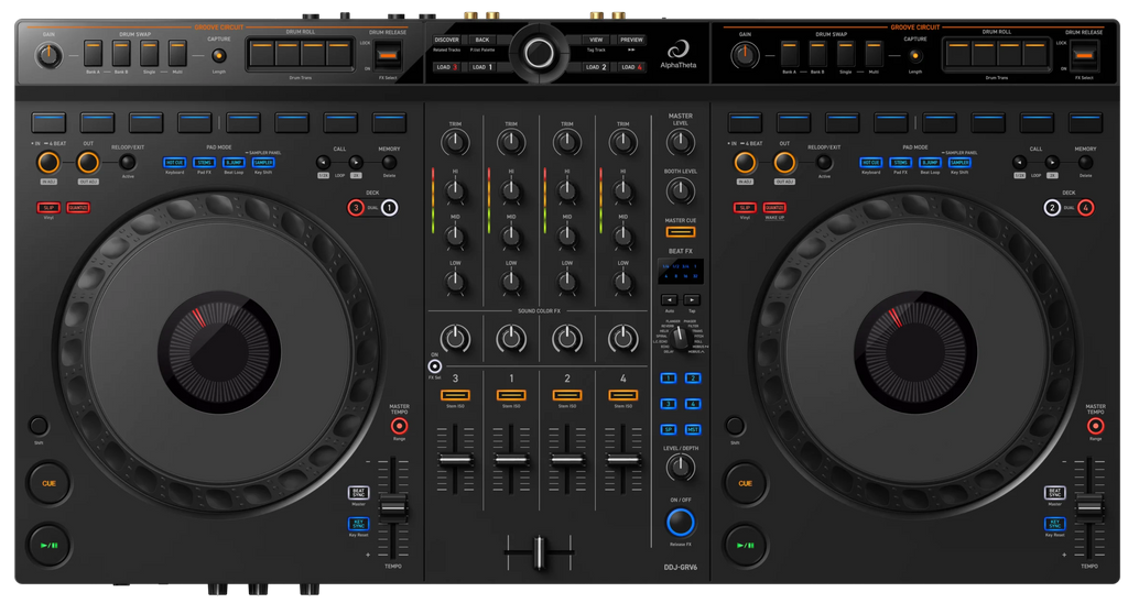 AlphaTheta DDJ-GRV6 DJ controller with jog wheels, mixer controls, and performance pads, shown from a top view.