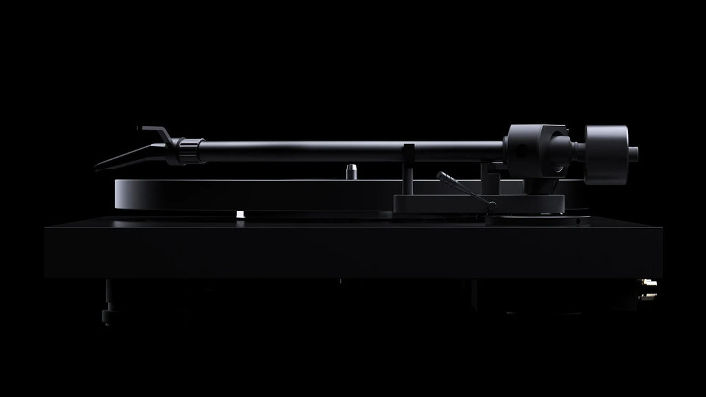 Side view of Pro-Ject Debut Pro S turntable in satin black, showcasing its sleek design and high-quality build.