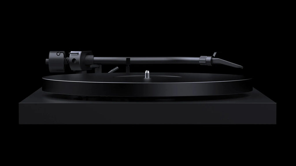 Pro-Ject Debut Pro S turntable in satin black with a sleek design, featuring a tonearm and platter for high-quality vinyl listening.