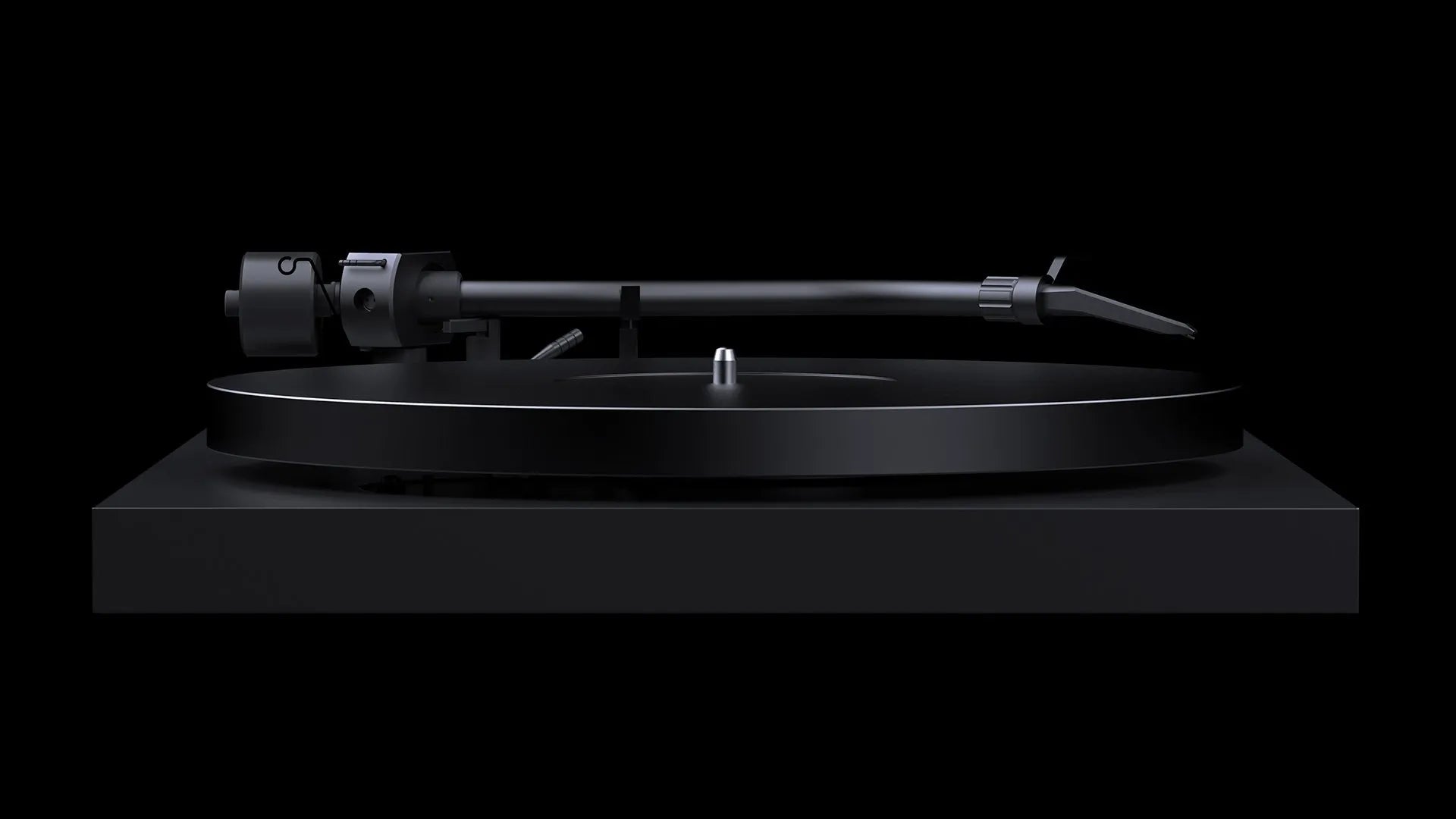 Pro-Ject Debut Pro S turntable in satin black with a sleek design, featuring a tonearm and platter for high-quality vinyl listening.