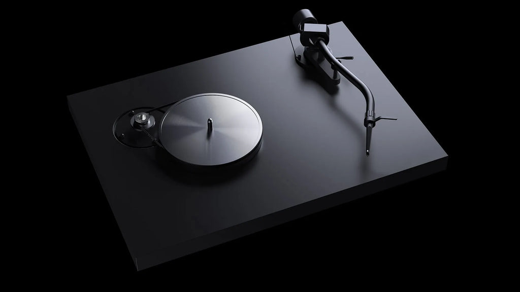 Pro-Ject Debut Pro S turntable in Satin Black with a close-up of the sub-platter and tonearm.