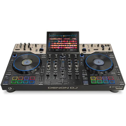 Denon DJ Prime 4 G2, front three-quarter view of the four-deck standalone DJ system