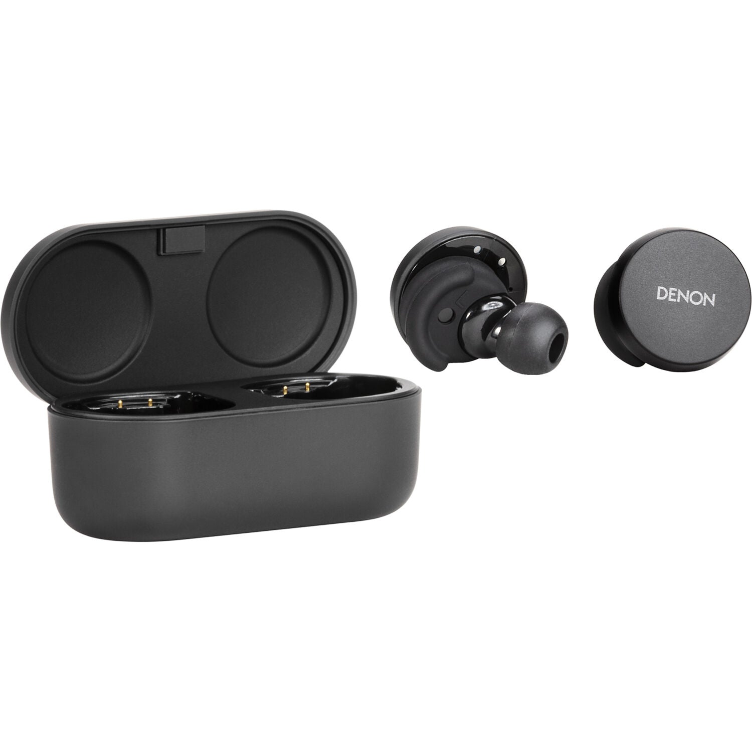Denon PerL wireless in-ear headphones, black case with earbuds