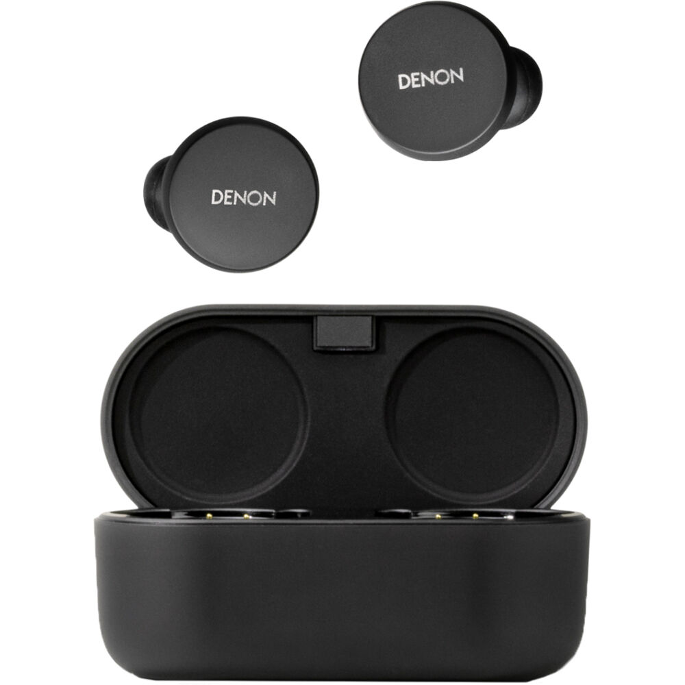 Denon PerL wireless in-ear headphones, black charging case open with earbuds