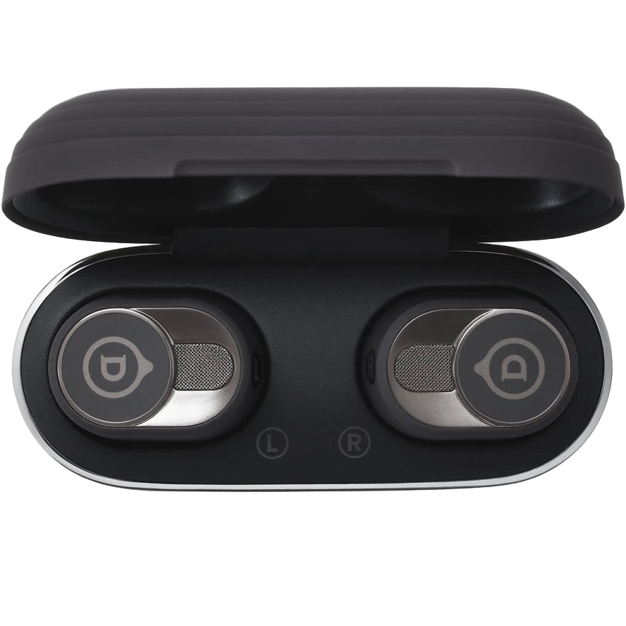 Devialet Gemini II wireless in-ear headphones, black case open with earbuds