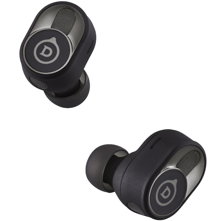 Devialet Gemini II wireless in-ear headphones, black earbuds angle view