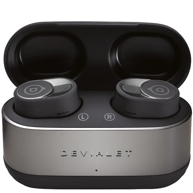 Devialet Gemini II wireless in-ear headphones, black charging case open