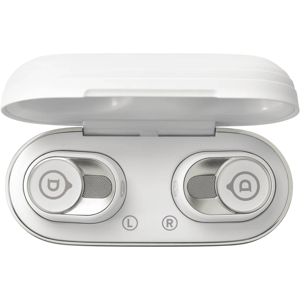 Devialet Gemini II wireless in-ear headphones, white case open with earbuds