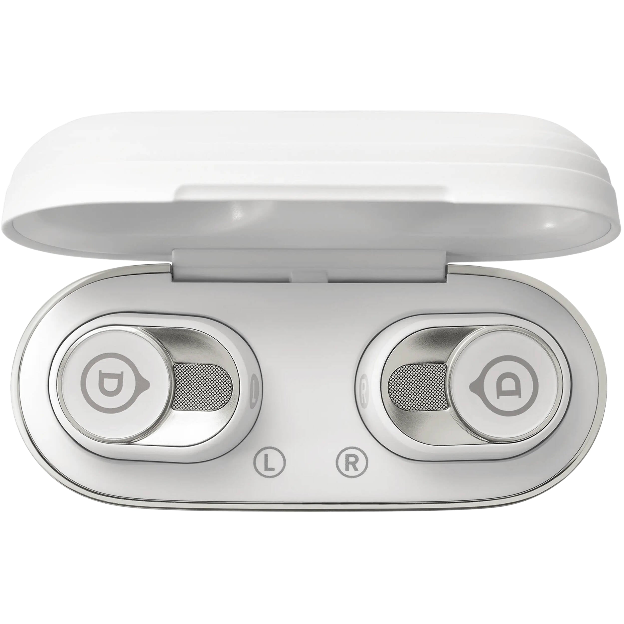 Devialet Gemini II wireless in-ear headphones, white case open with earbuds