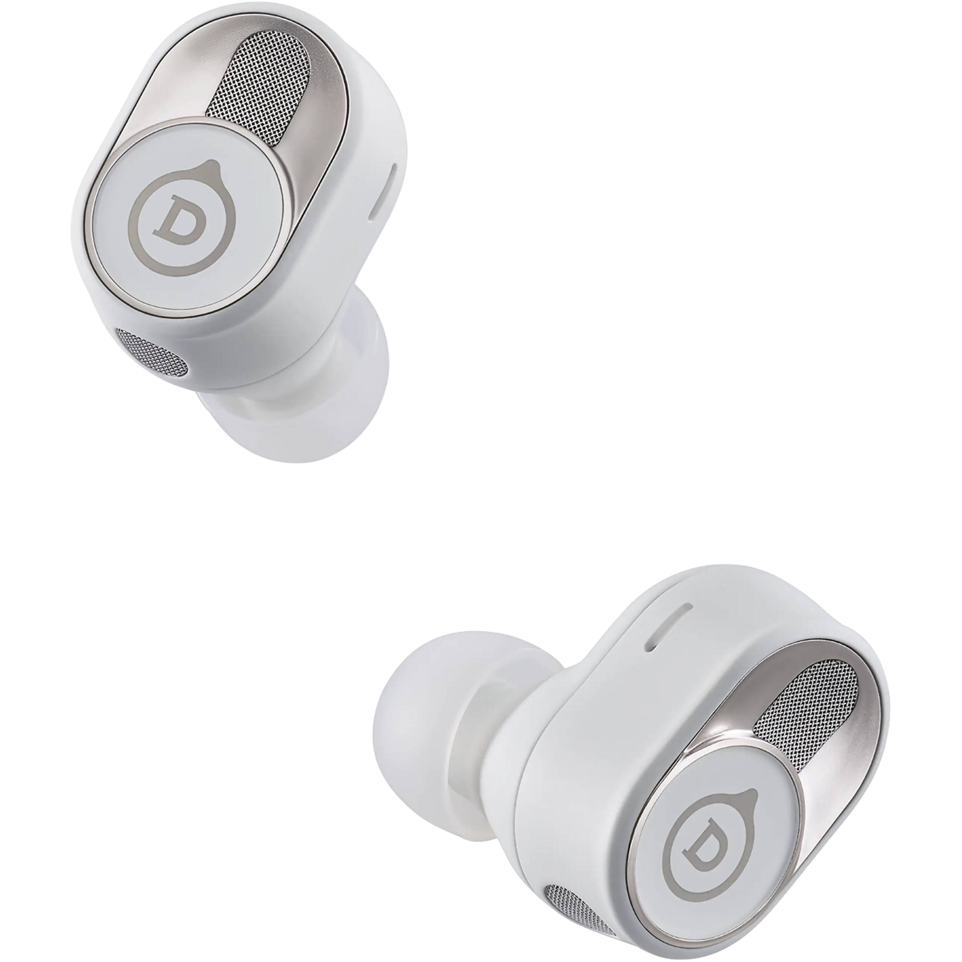 Devialet Gemini II wireless in-ear headphones, white earbuds angle view