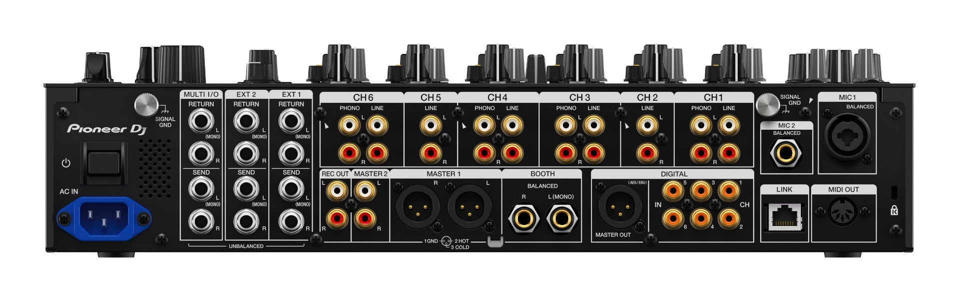 Pioneer DJM-V10 DJ mixer with multiple channels, colorful LED displays, and professional controls for DJ performances.