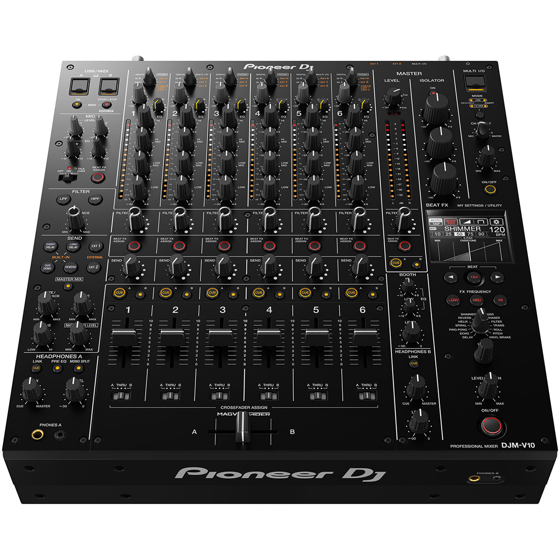 Pioneer DJM-V10 DJ mixer with multiple channels, input knobs, and professional audio controls on a sleek black surface.