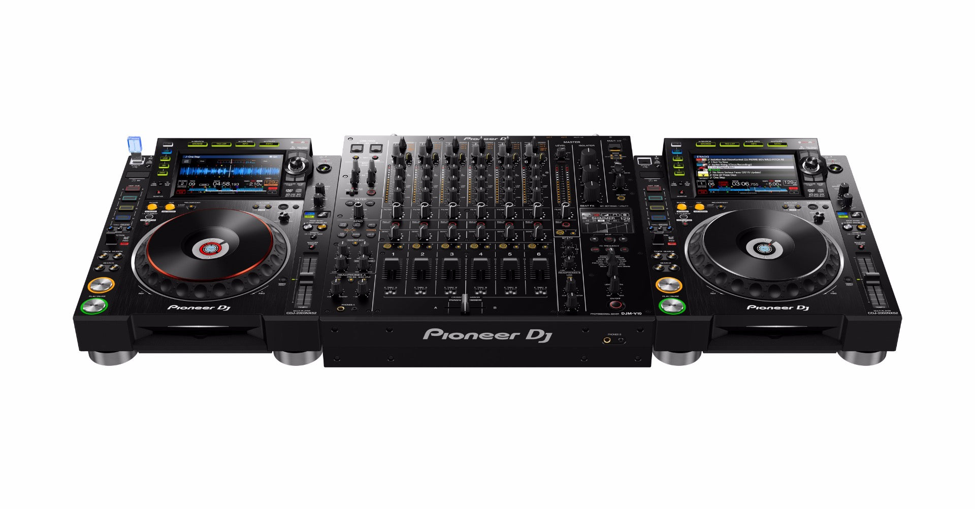 Pioneer DJM-V10 DJ mixer with multiple control knobs, faders, and digital display for professional DJ mixing.