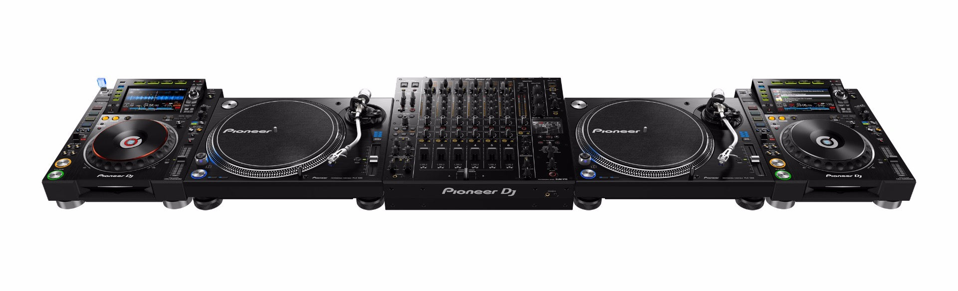 Pioneer DJM-V10 DJ mixer with multiple channels, detailed controls, and professional audio interface for DJ performances.