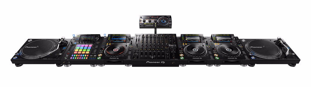 Pioneer DJM-V10 DJ mixer with multiple channels, extensive controls, and professional audio interface for DJing.