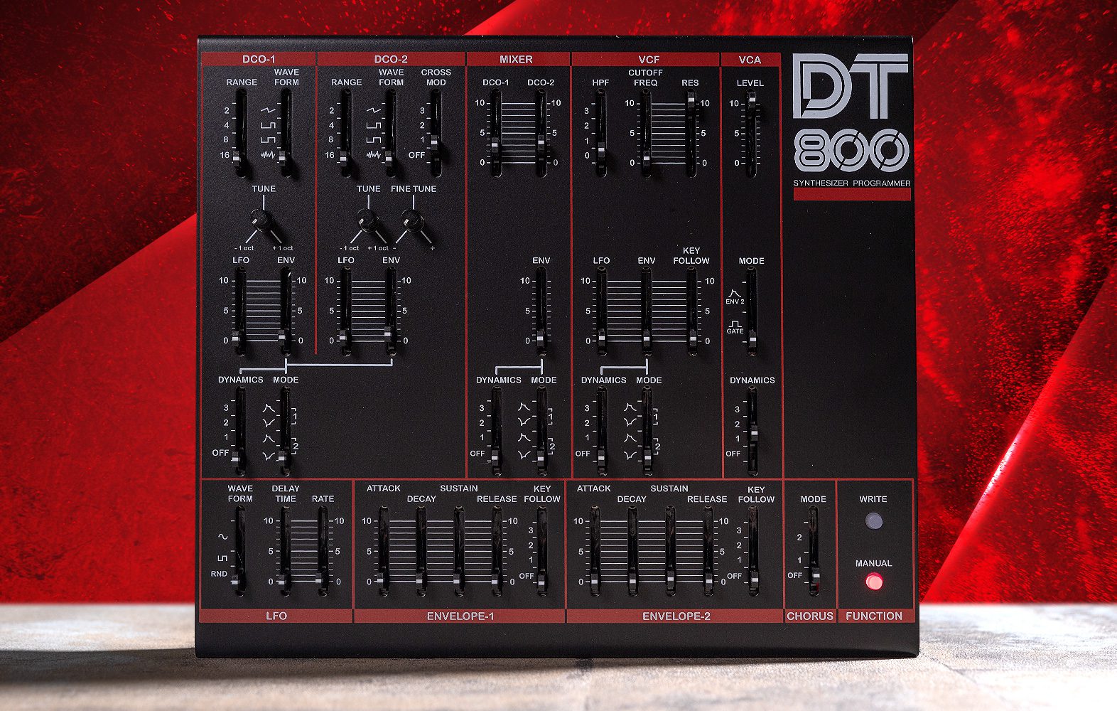 Dtronics DT-800 synthesizer with multiple knobs and controls, featuring a sleek black design and digital display.