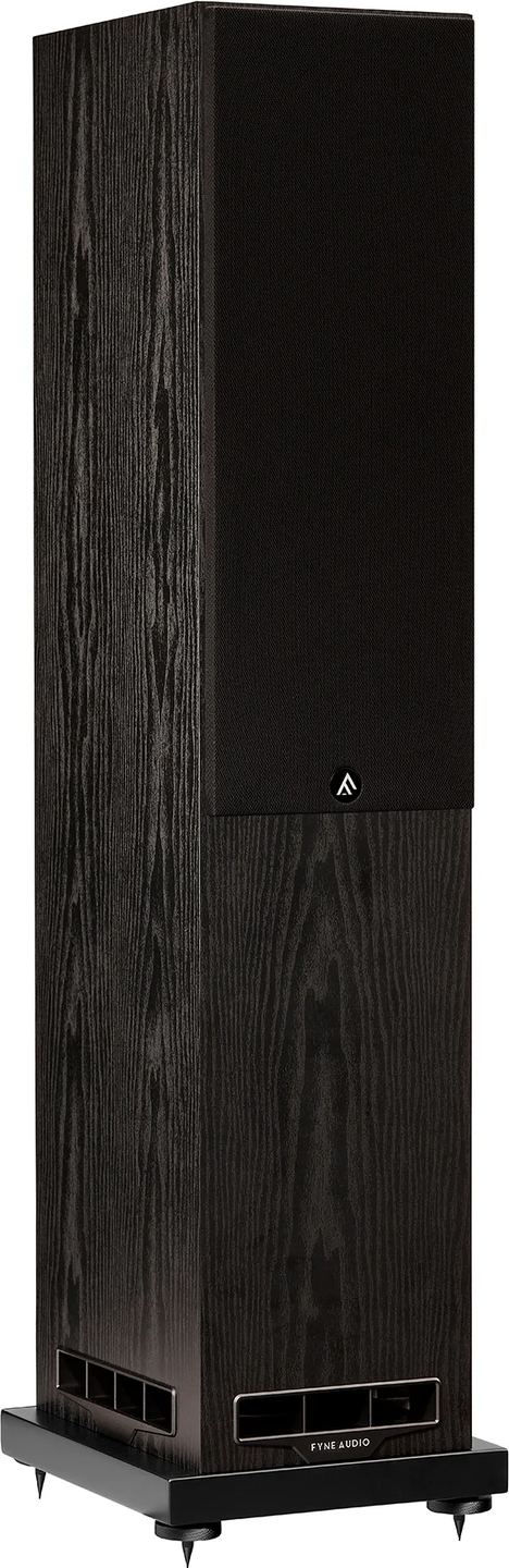 Fyne Audio F501E passive floorstanding speakers with wood grain finish and sleek design, showcasing their tall, elegant structure.
