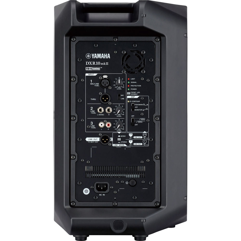 Yamaha DXR10 MK2 PA speaker with black speaker grille and control panel, designed for professional audio systems.