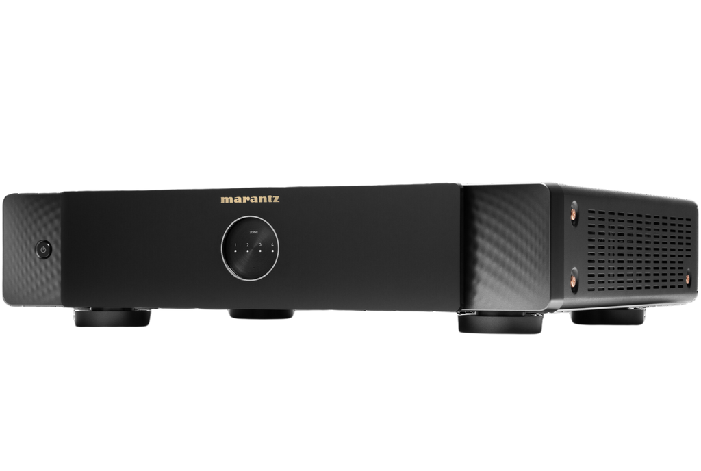 Marantz MODEL M4 stereo amplifier with sleek black design, featuring control knobs and input ports on front panel.