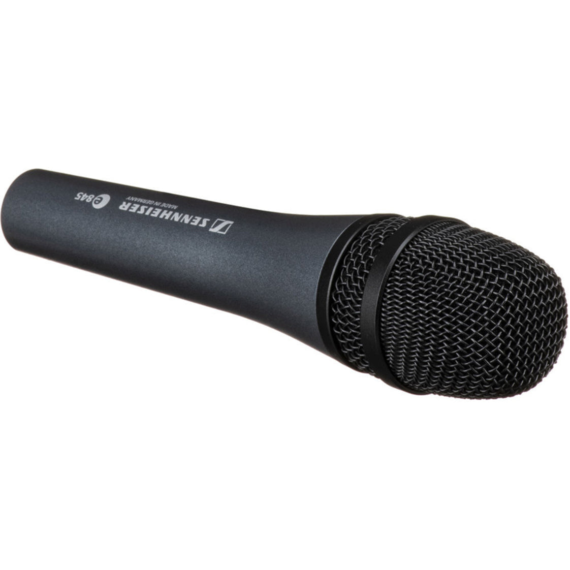 Sennheiser E 845 dynamic microphone with a black body and grille, designed for live vocals and stage performances.
