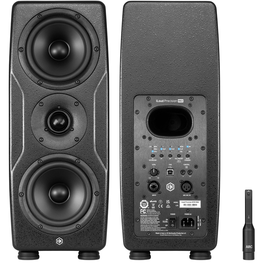 IK Multimedia iLoud Precision MTM MK2 active nearfield monitors with black speaker cabinets and detailed driver components.