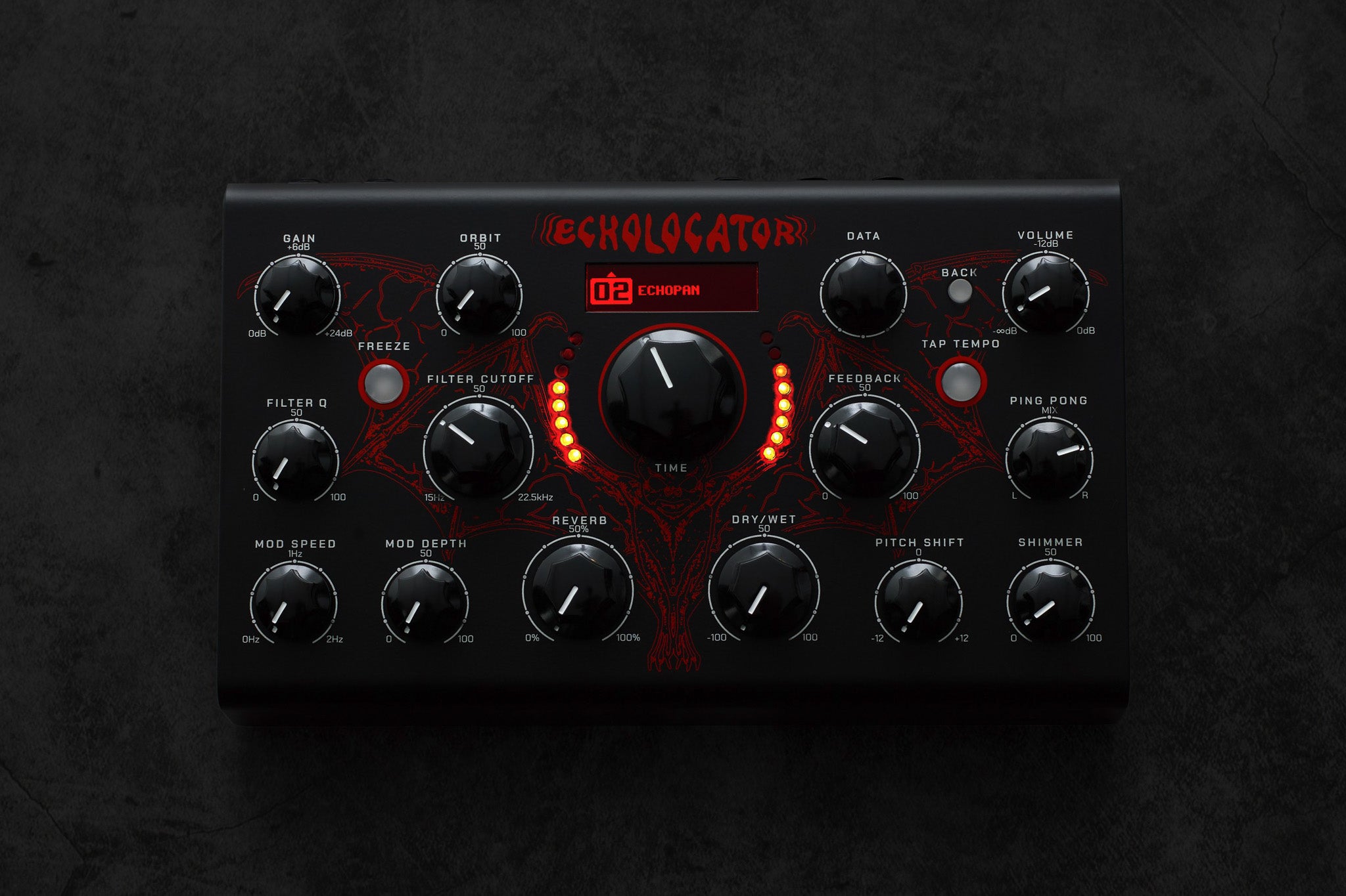 Erica Synths Echolocator effects pedal with black finish and control knobs, used for creating echo and delay effects in audio setups.