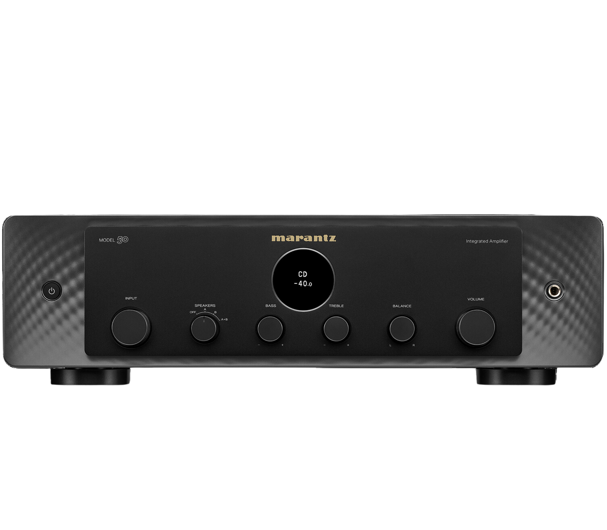 Marantz MODEL 50 stereo amplifier with black metal casing and control knobs, showcasing a sleek vintage audio equipment design.