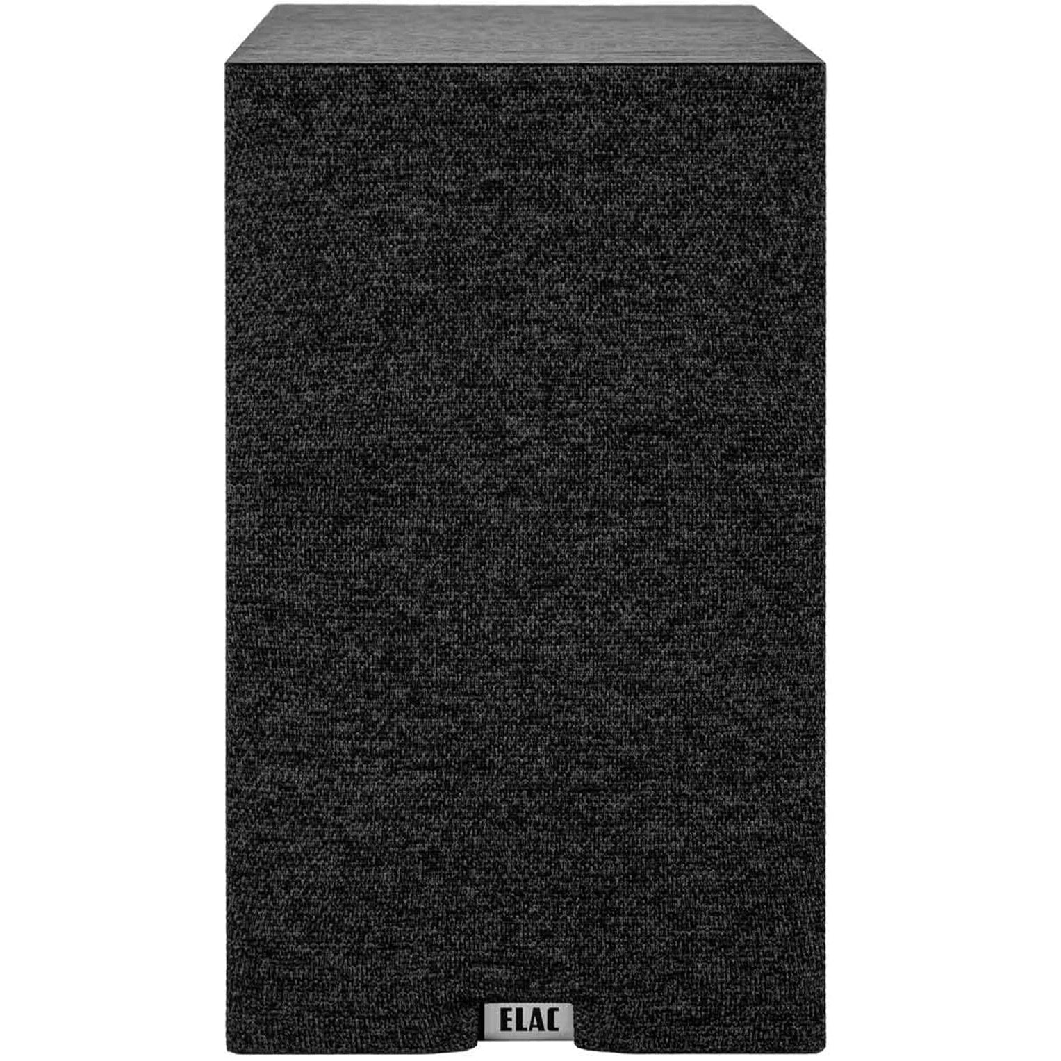 ELAC Debut B6.3 passive bookshelf speakers with black cabinets and front grille, showcasing modern audio design.