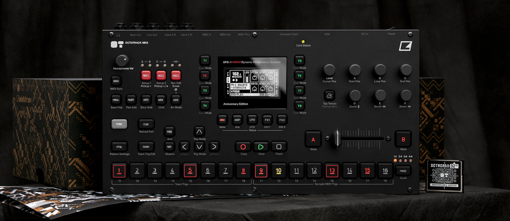 Black Elektron Octatrack MK2 drum machine and sampler with sleek design and control knobs, part of the anniversary edition.