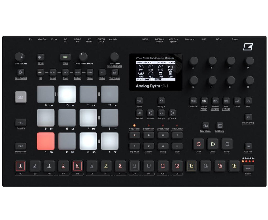 Elektron Analog Rytm MK2 synthesizer in black, showing its drum machine interface with knobs and pads for music production.