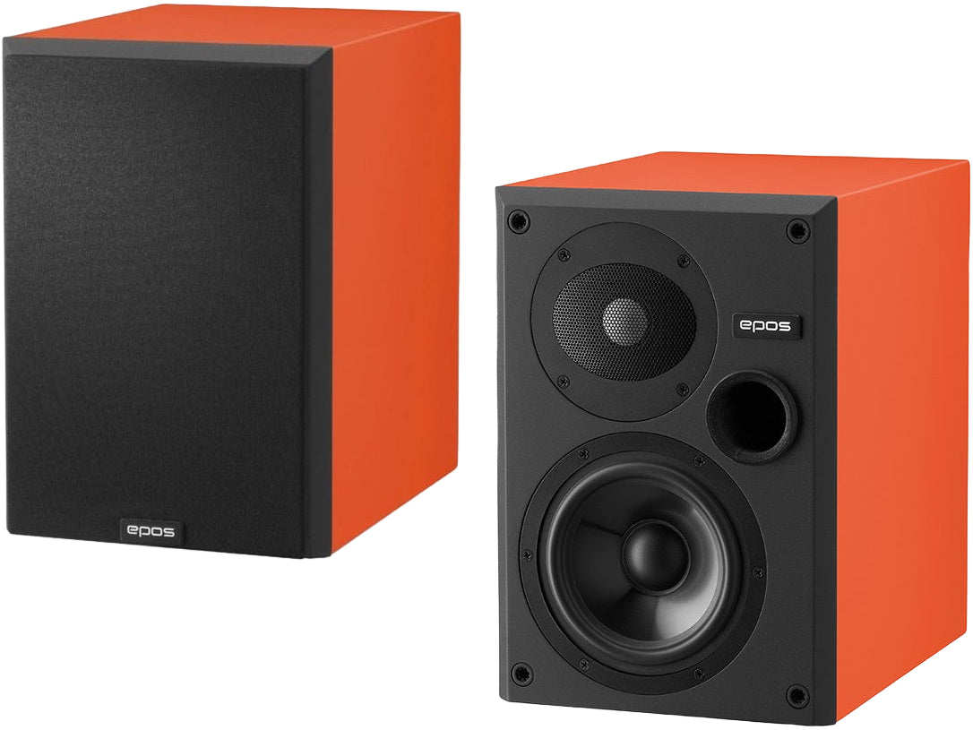 Epos ES-7N passive bookshelf speakers with orange matte finish and modern design, shown from a front angle.