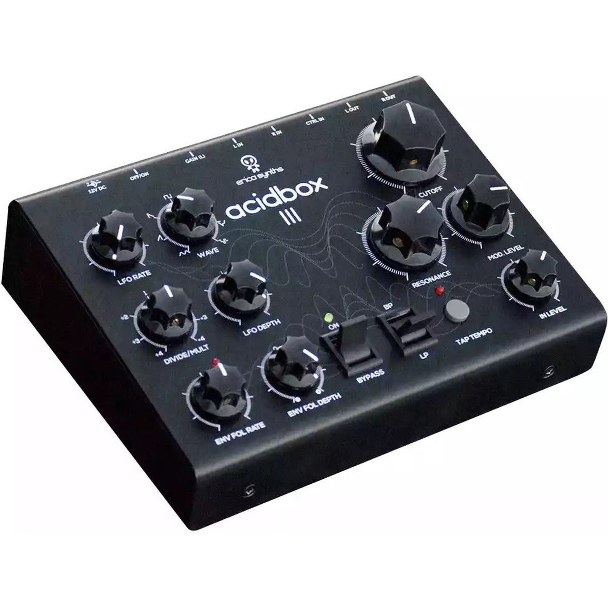 Erica Synths Acidbox III effects pedal with colorful knobs and input/output jacks, used for acid basslines and synth sounds.