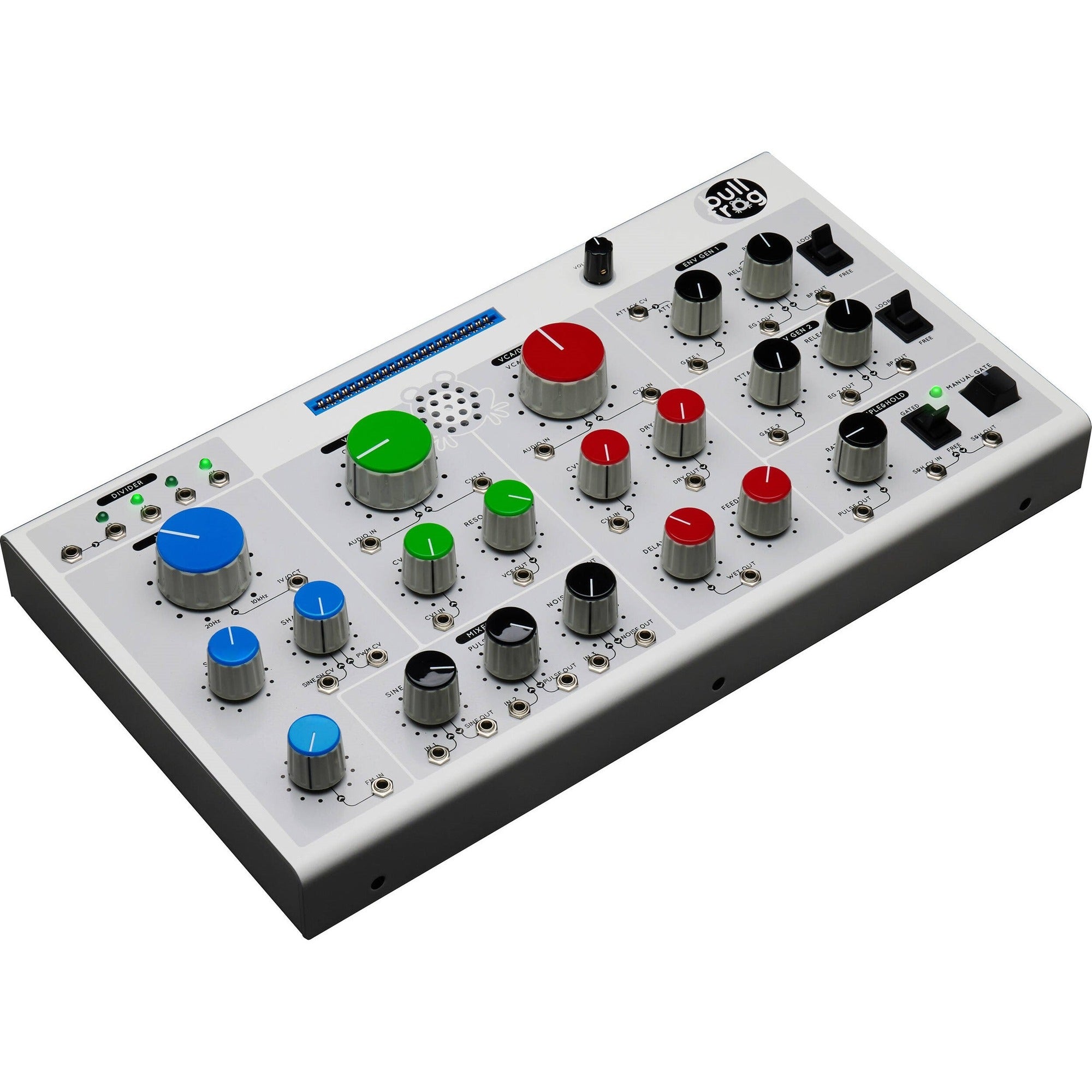Erica Synths Bullfrog desktop synthesizer with knobs, switches, and patch points in a close-up view.
