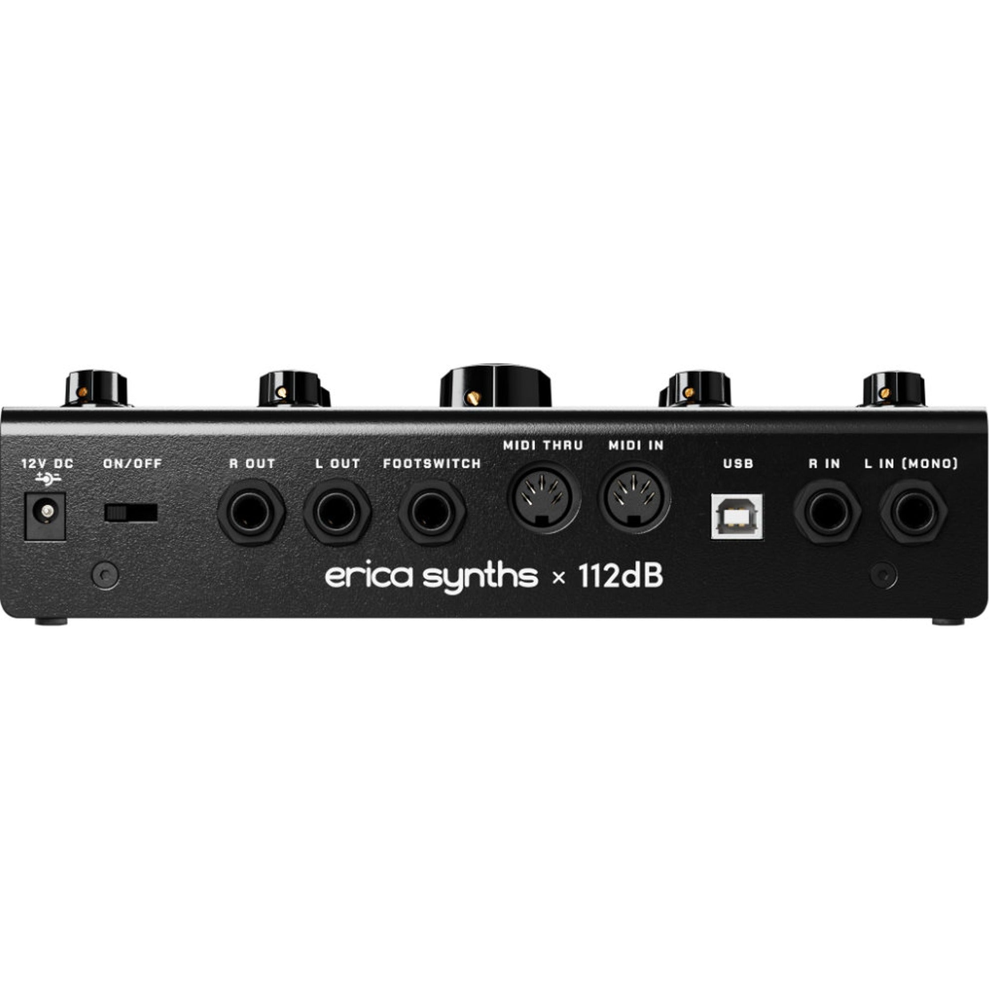Erica Synths Razornator stereo resonator effects unit, rear panel with stereo I/O, MIDI and USB