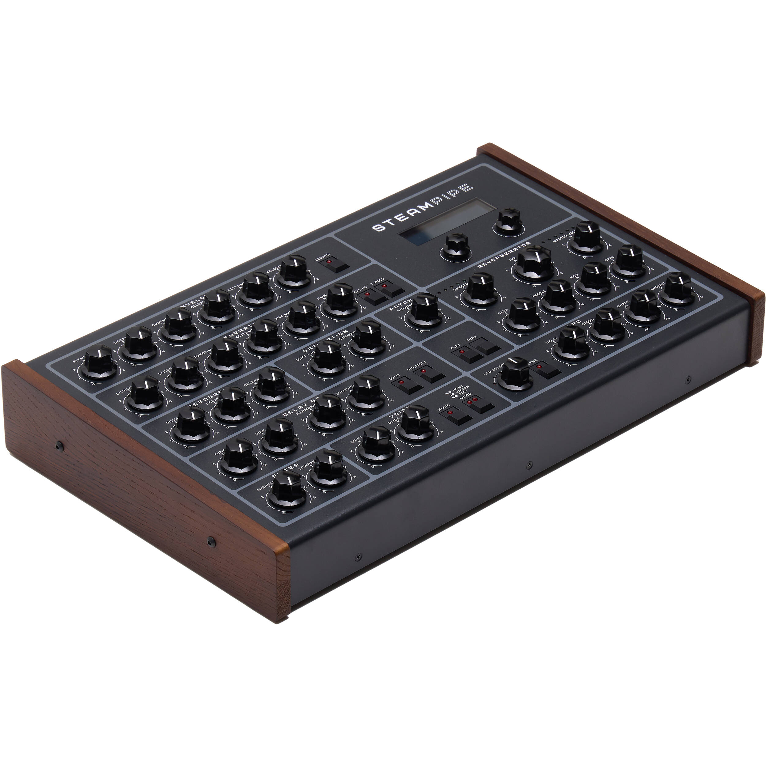 Erica Synths Steampipe desktop synthesizer, black, top view.