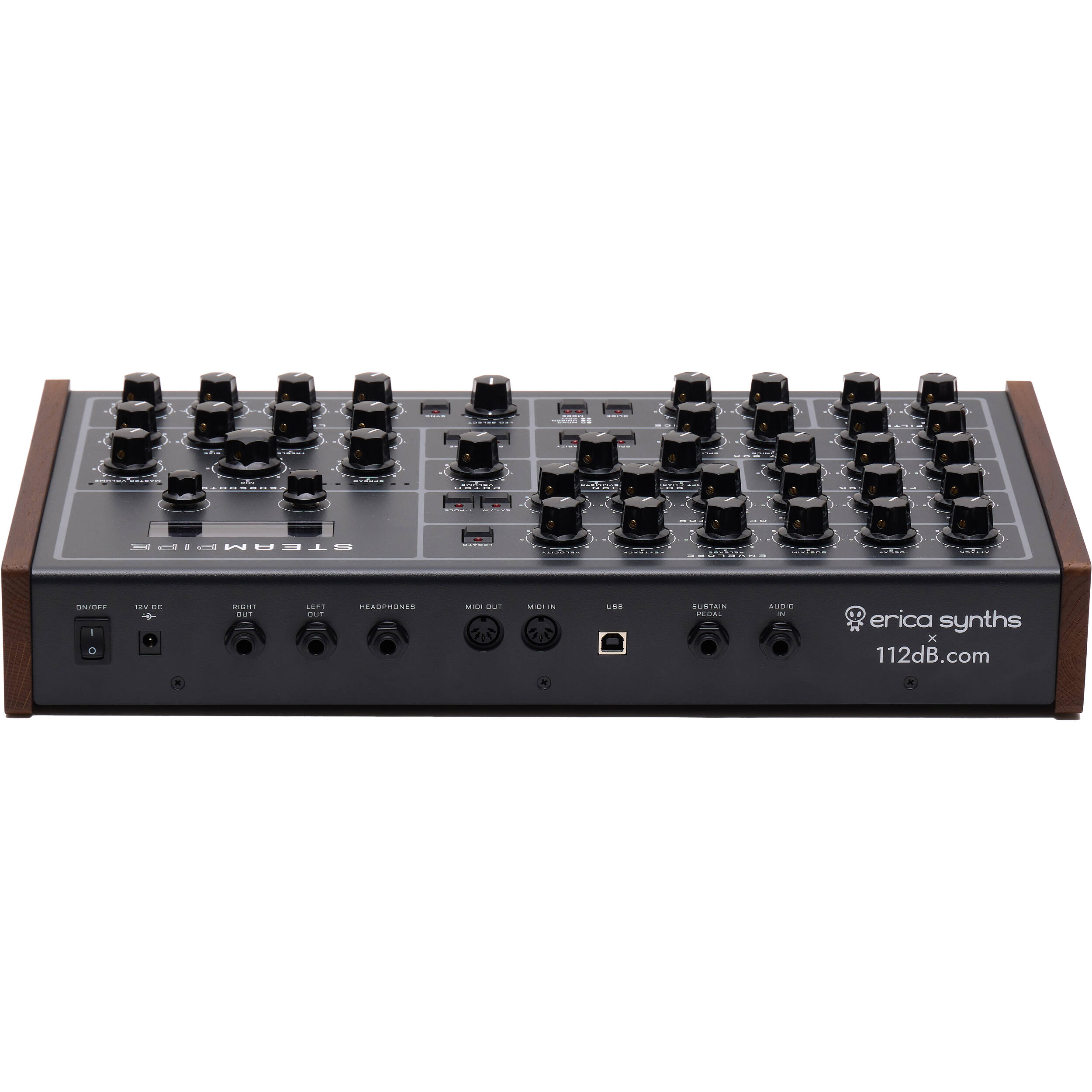 Erica Synths Steampipe desktop synthesizer, gray, top view.