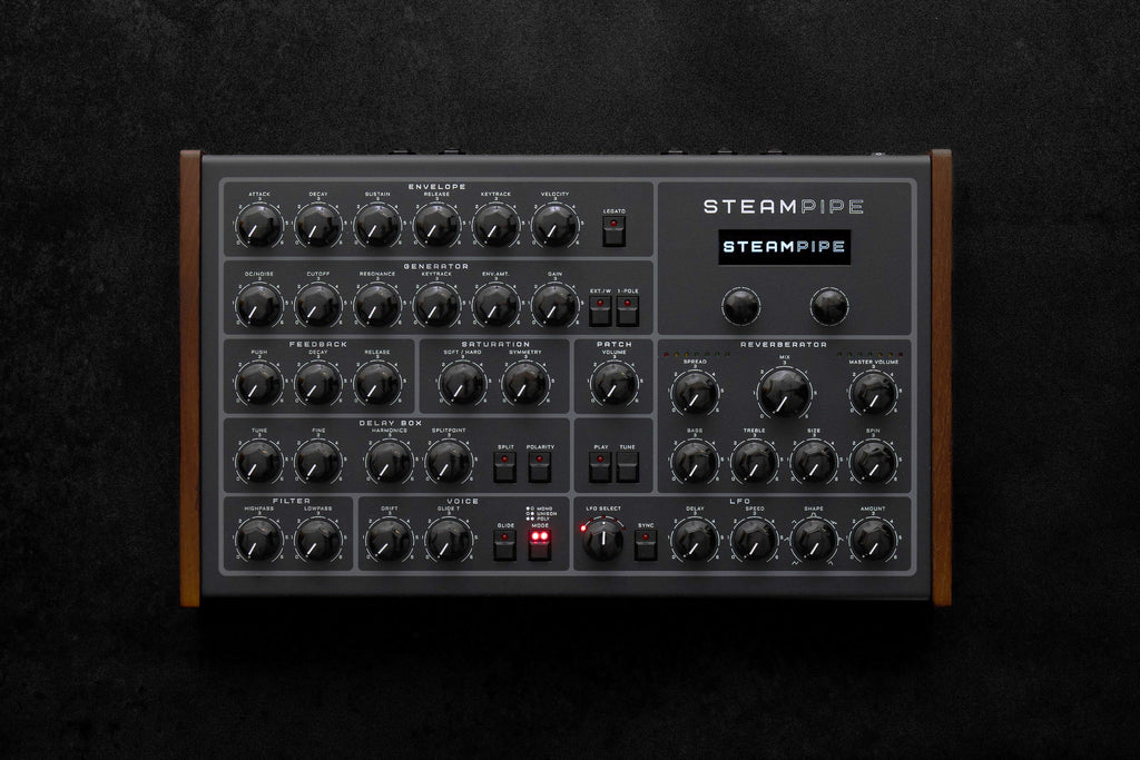 Erica Synths Steampipe desktop synthesizer, black, top view.