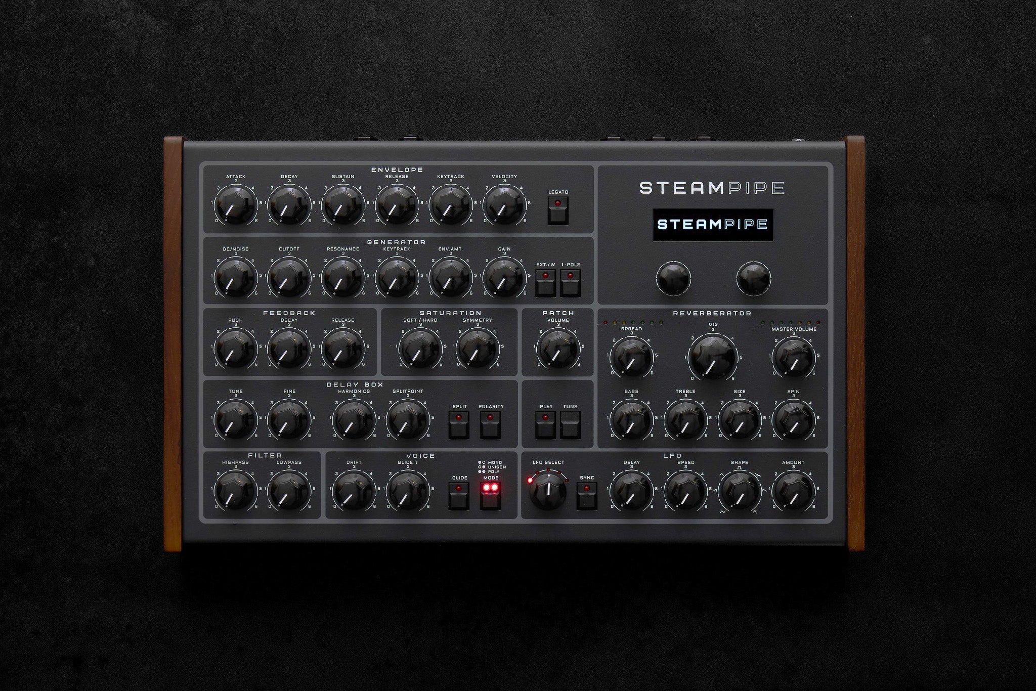 Erica Synths Steampipe desktop synthesizer, black, top view.