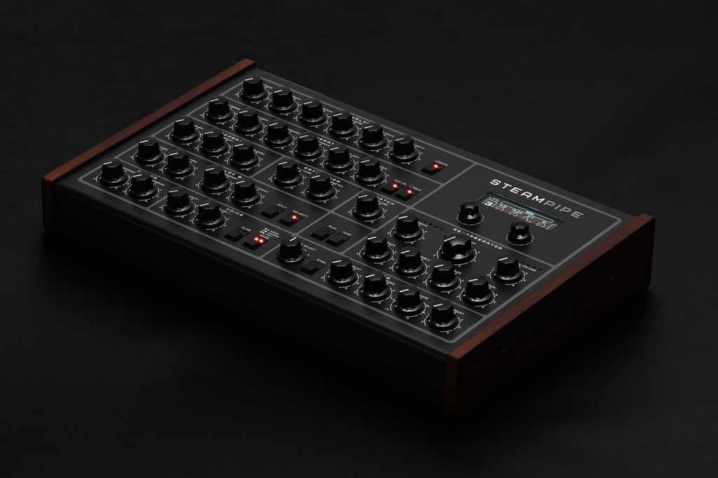 Erica Synths Steampipe desktop synthesizer, black, top view.