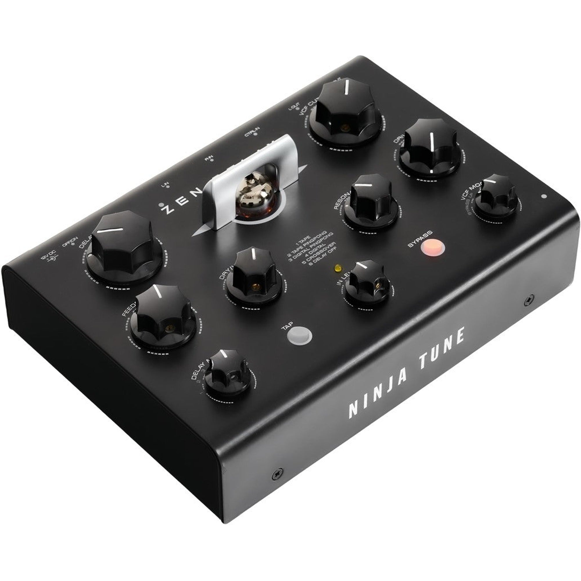 Erica Synths Zen Delay effects pedal with knobs and input/output jacks, used for creating spacious delay effects in audio setups.