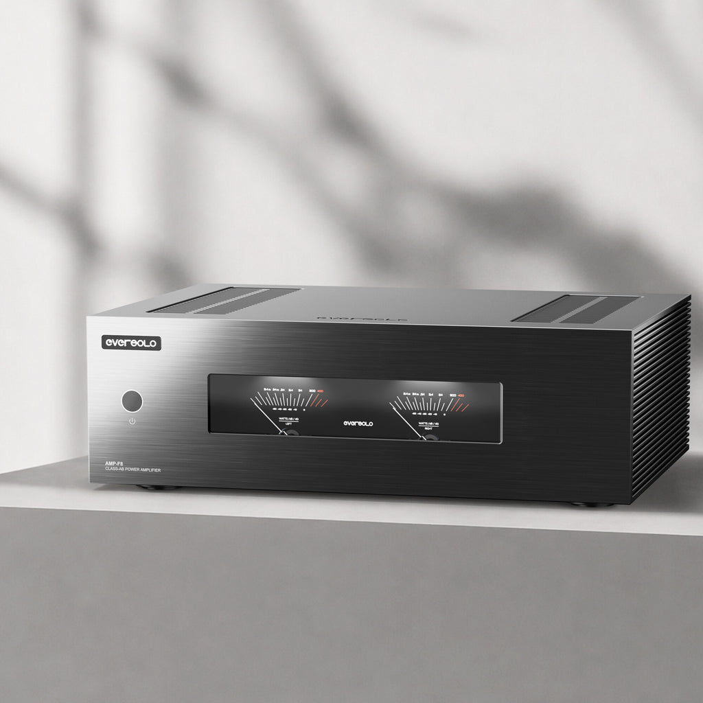 Eversolo AMP-F8 power amplifier on a concrete shelf in soft daylight