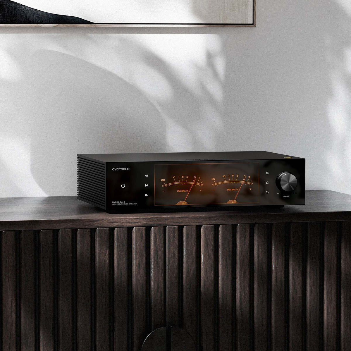 Eversolo DMP-A8 Gen 2 streamer with VU meters on a sideboard
