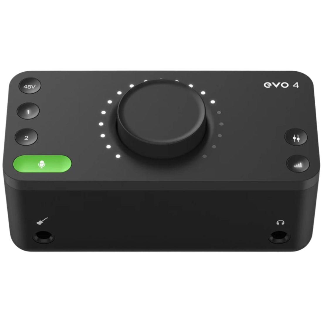 Audient EVO 4 audio interface showing front panel with input knobs, headphone jack, and LED indicators.