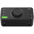 Audient EVO 4 audio interface showing front panel with input knobs, headphone jack, and LED indicators.