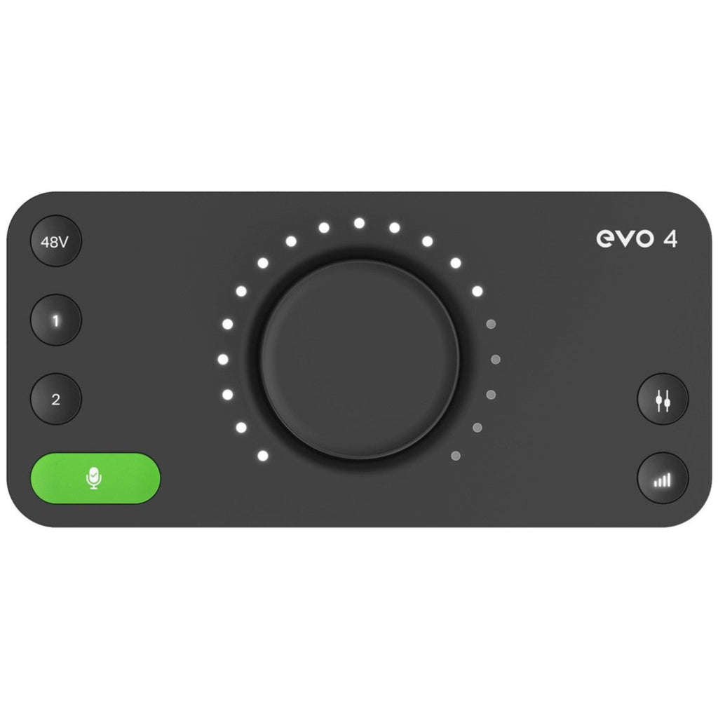 Audient EVO 4 audio interface with multiple input and output ports, compact design, and control knobs for professional audio recording.