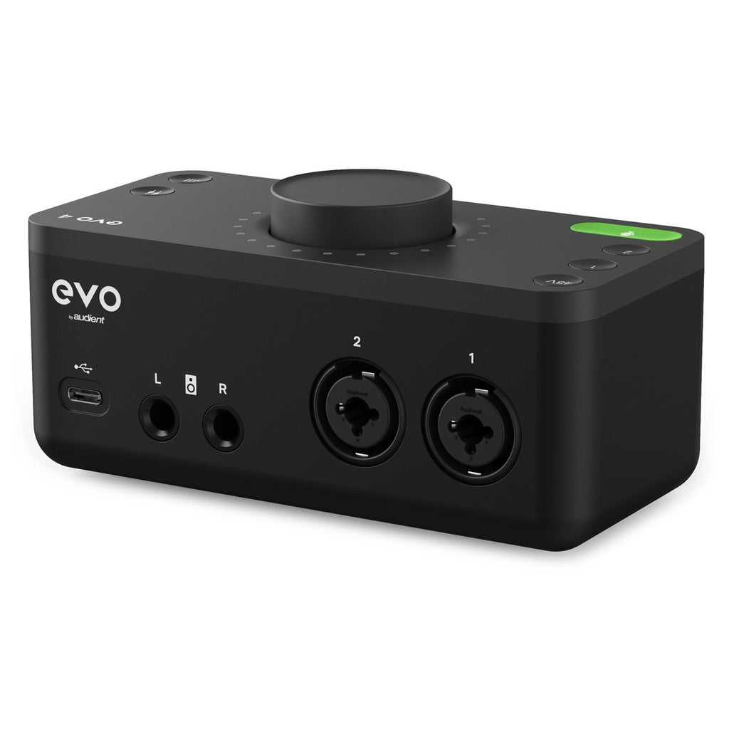 Audient EVO 4 audio interface with multiple input and output ports, compact design, and control knobs for professional sound recording.