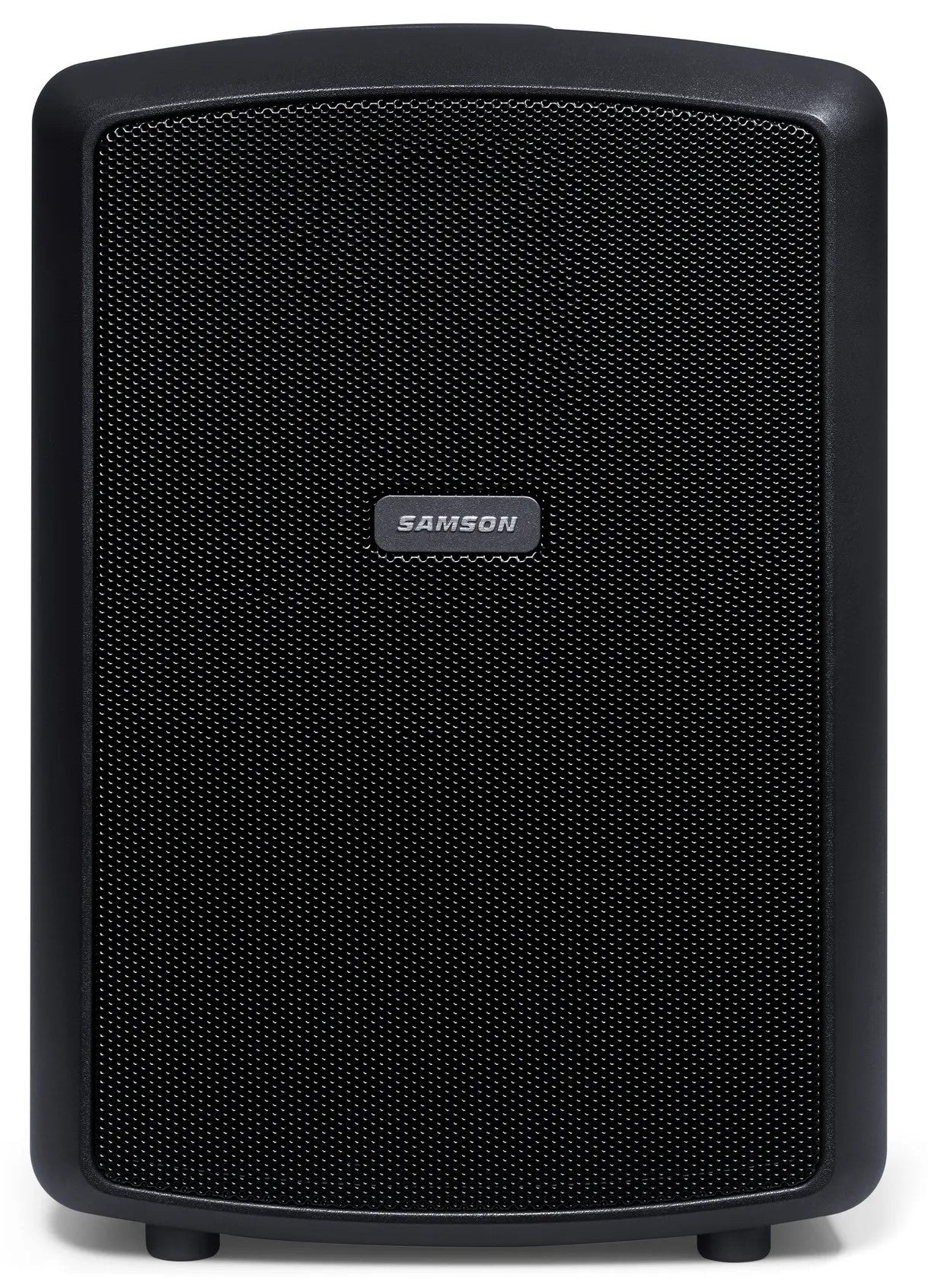 Samson Expedition Explor PA speaker system with front view showing rugged design and control panel for portable sound setup
