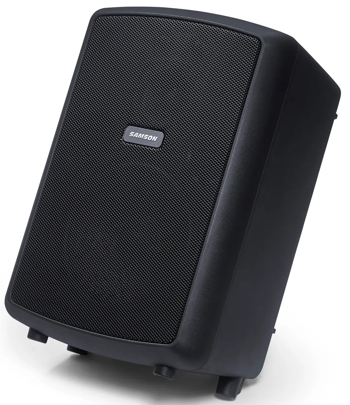 Samson Expedition Explor PA speaker system shown from the right side, featuring a tall vertical design and control panel.