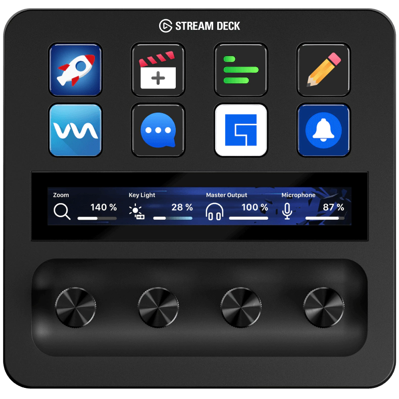 Elgato Stream Deck+ video editing controller with customizable buttons for streamlined streaming and content creation.