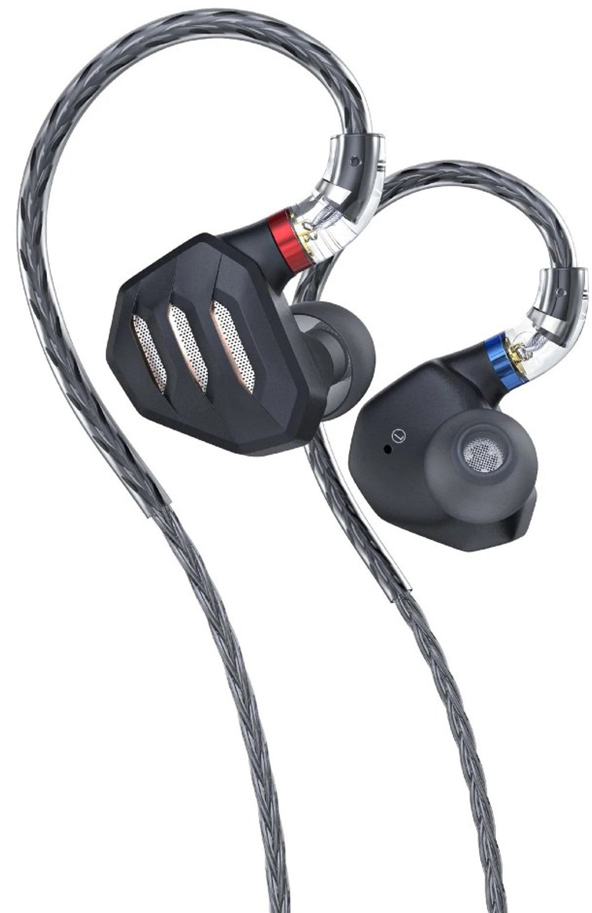 FiiO FH7S in-ear headphones with black ear tips and sleek design, showcasing detailed earbud and cable features.